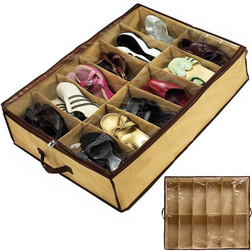 VG - 15111 - 12 rekeszes textil cipőtároló doboz, 70x50x18 cm, Bézs