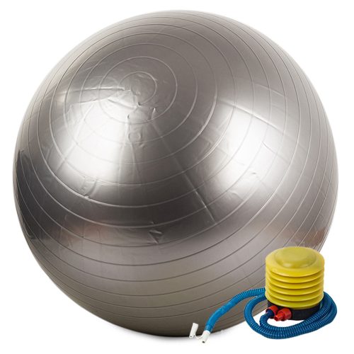 VG - 14172_S felfújható gumi gimnasztikai labda csíkos mintával, 65cm, lábpumpával, Ezüst